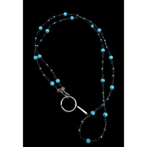 Black And Faux Turquoise Glass Beaded Lanyard - Picture 1 of 5